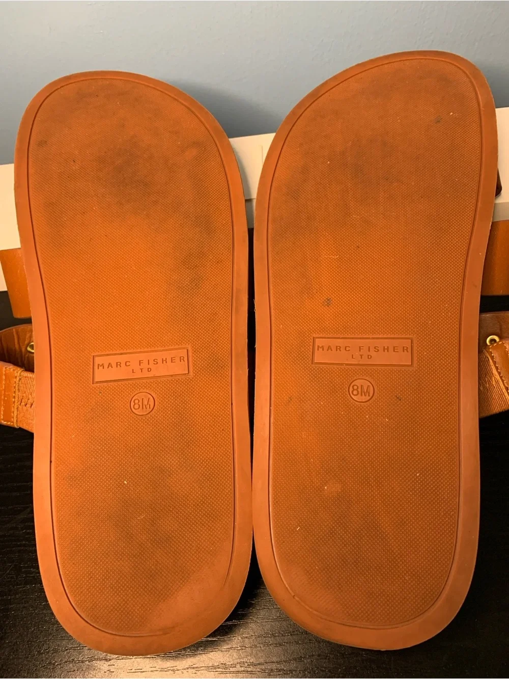 Marc Fisher Cognac Triple-Strap Slide Sandals with Gold Rings